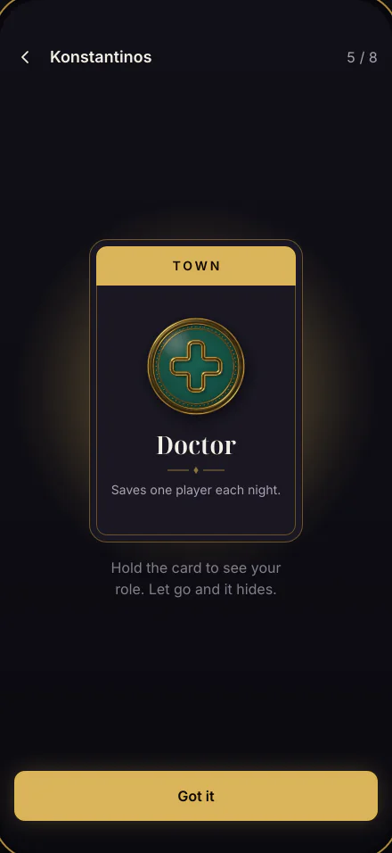 A role card held face up: the Doctor, with the line “Saves one player each night.”