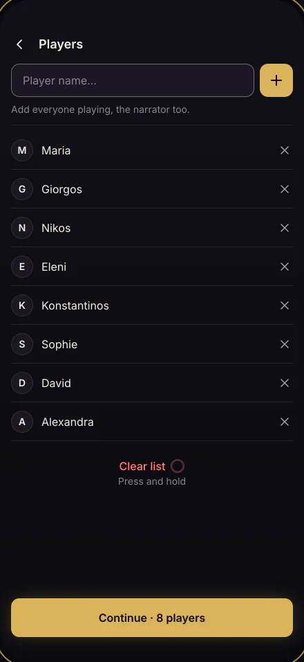 The Players screen: eight names in a list, and the button “Continue · 8 players”.
