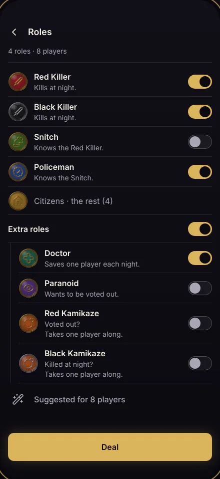 The Roles screen: a switch beside each role.