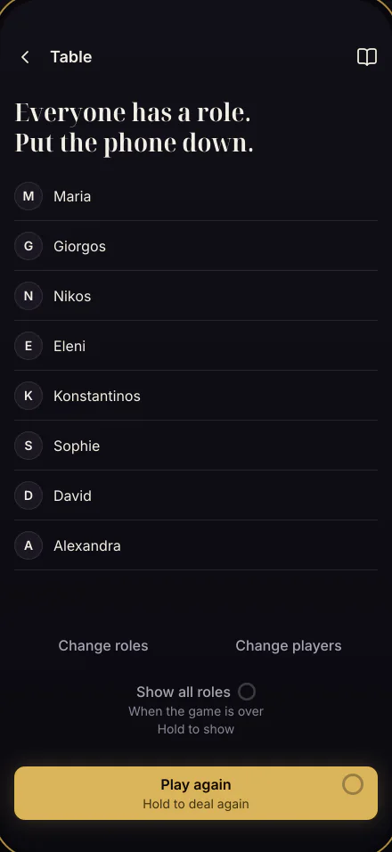 The Table screen: the eight names and no roles, above the button “Play again”.